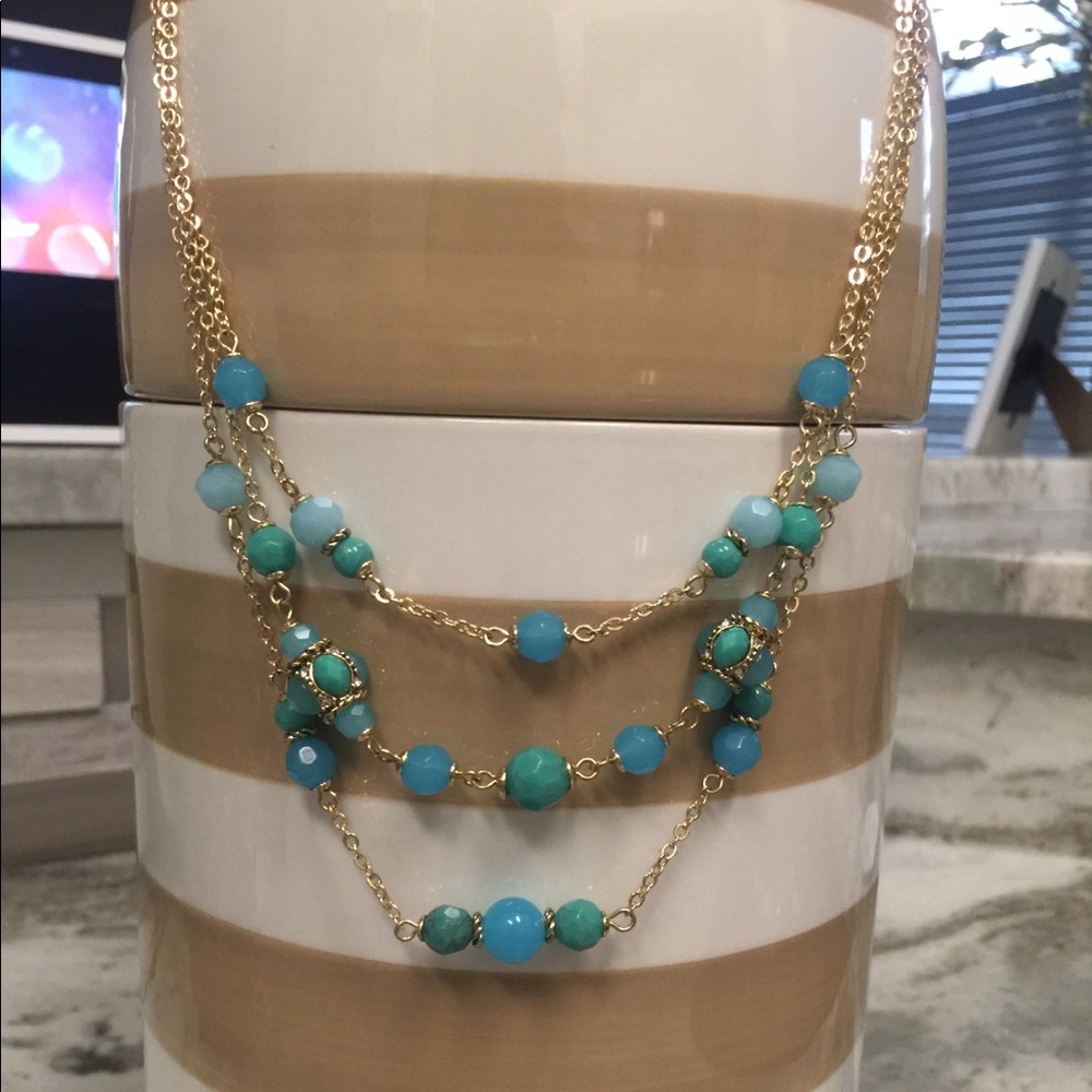 Anne Klein NWT 3 tier necklace gold w blue beads